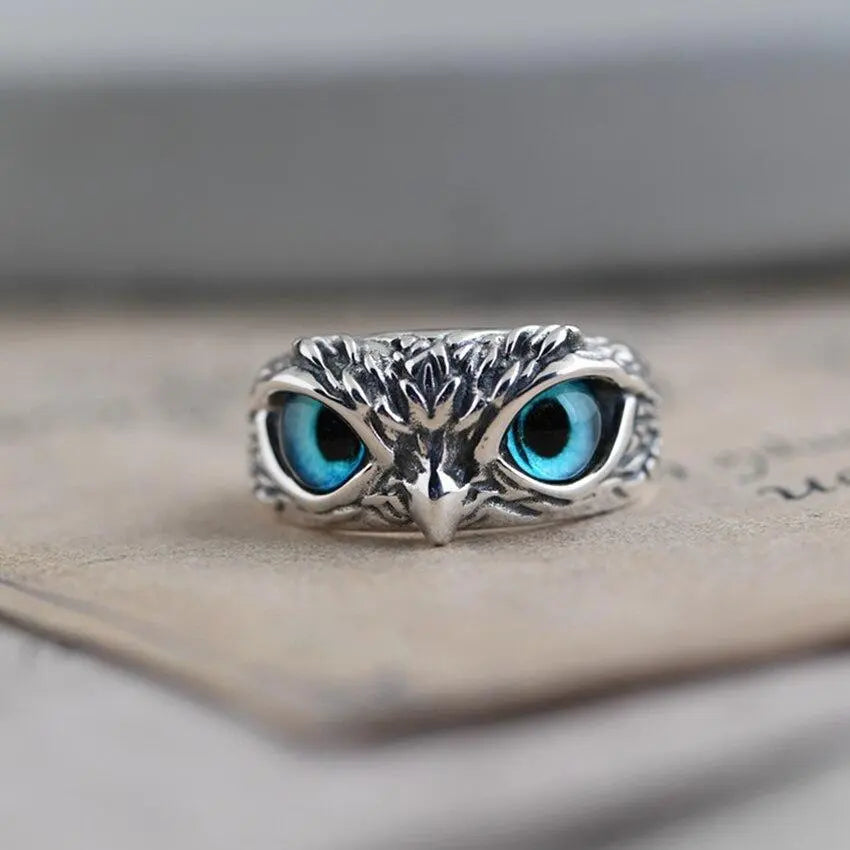 Adjustable Silver Owl Ring with Opal Inlay – Handcrafted Unique Jewelry for All Finger Sizes 0