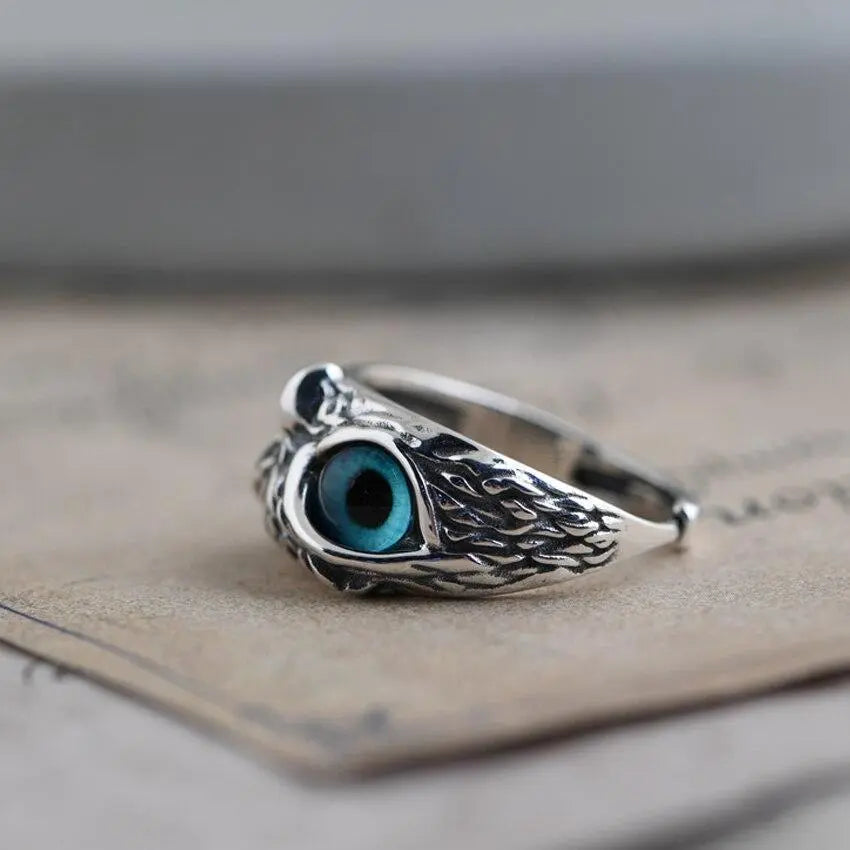 Adjustable Silver Owl Ring with Opal Inlay – Handcrafted Unique Jewelry for All Finger Sizes 2