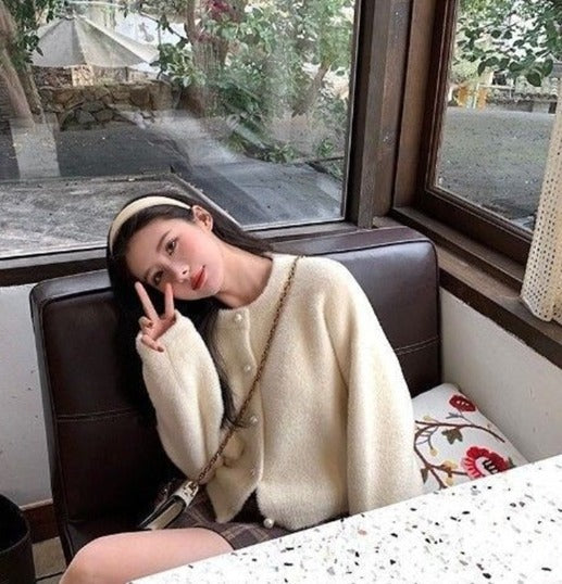 Arabella | Women's Cropped Fuzzy Cardigan with Pearl Buttons 0