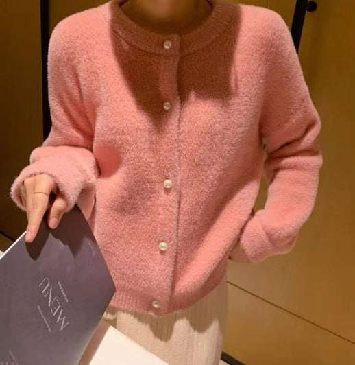 Arabella | Women's Cropped Fuzzy Cardigan with Pearl Buttons 1