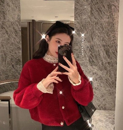 Arabella | Women's Cropped Fuzzy Cardigan with Pearl Buttons 4