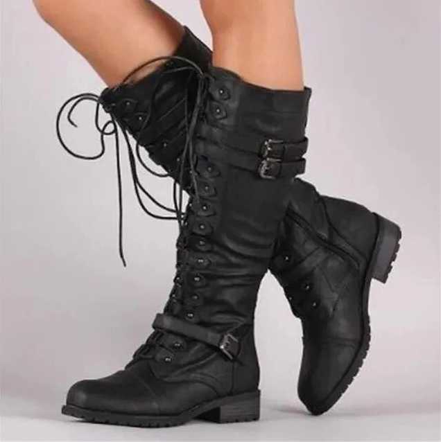 Black Lace-Up Combat Boots Women with Buckle Accents, Mid-Calf Height, Textured Sole 0
