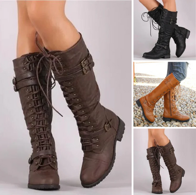 Black Lace-Up Combat Boots Women with Buckle Accents, Mid-Calf Height, Textured Sole 4