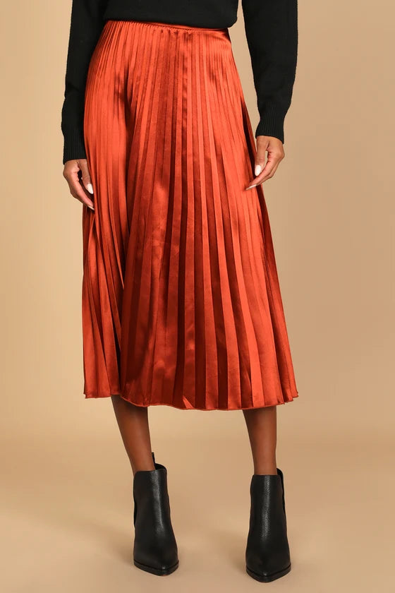 Bonnie | Rust Brown Satin Midi Skirt