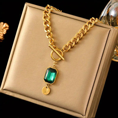 Chunky Gold Chain Necklace with Emerald Pendant – Stylish Statement Jewelry for Any Occasion 0