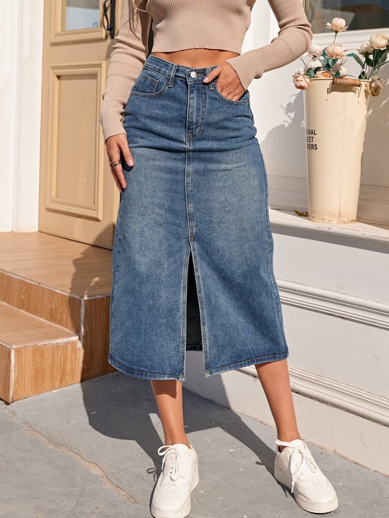 Denim Midi A-Line Skirt