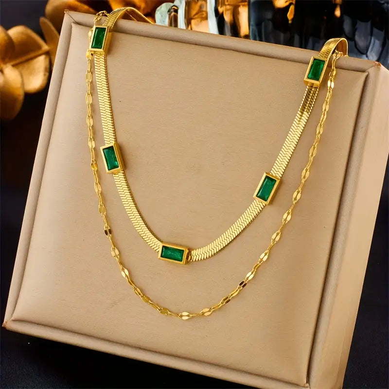 Double-Layer Gold Necklace with Sorella Gem Design – Elegant Retro Jewelry for All Occasions 0