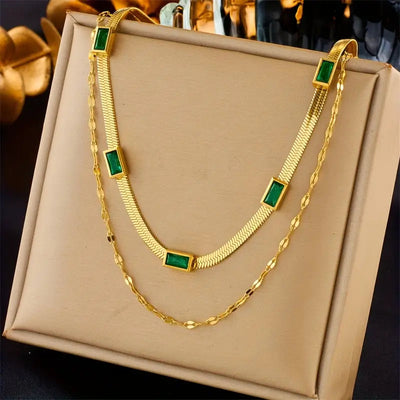 Double-Layer Gold Necklace with Sorella Gem Design – Elegant Retro Jewelry for All Occasions 0