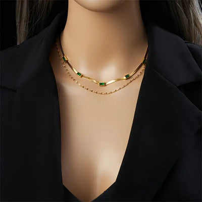 Double-Layer Gold Necklace with Sorella Gem Design – Elegant Retro Jewelry for All Occasions 3