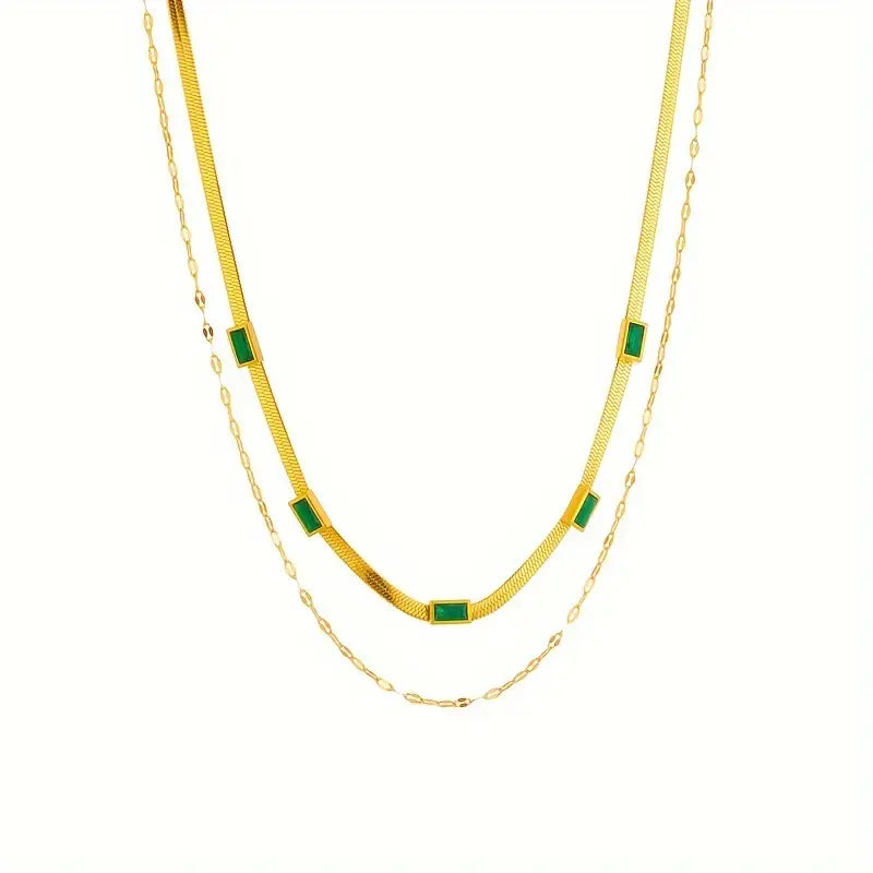 Double-Layer Gold Necklace with Sorella Gem Design – Elegant Retro Jewelry for All Occasions 4