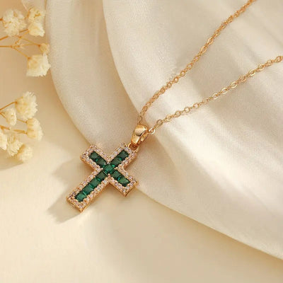 Elegant Gold Cross Pendant Necklace with Emerald Accent - Adjustable 16-18 Inch Chain 0