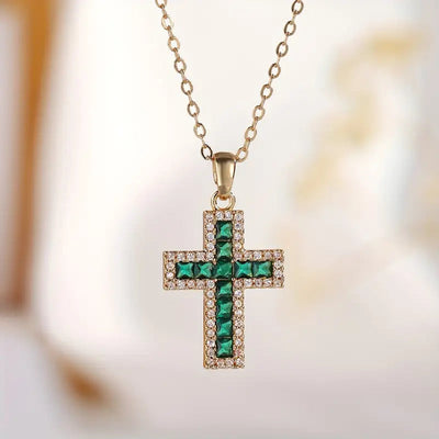 Elegant Gold Cross Pendant Necklace with Emerald Accent - Adjustable 16-18 Inch Chain 1
