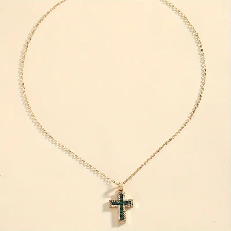 Elegant Gold Cross Pendant Necklace with Emerald Accent - Adjustable 16-18 Inch Chain 2