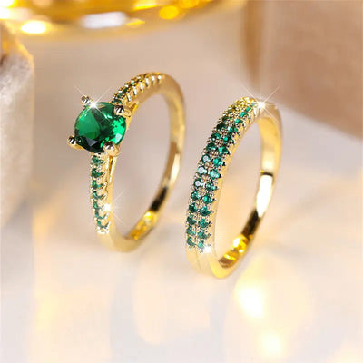 Elegant Gold Duo Ring Set with Emerald Accents – Versatile Jewelry for Casual and Formal Occasions 0
