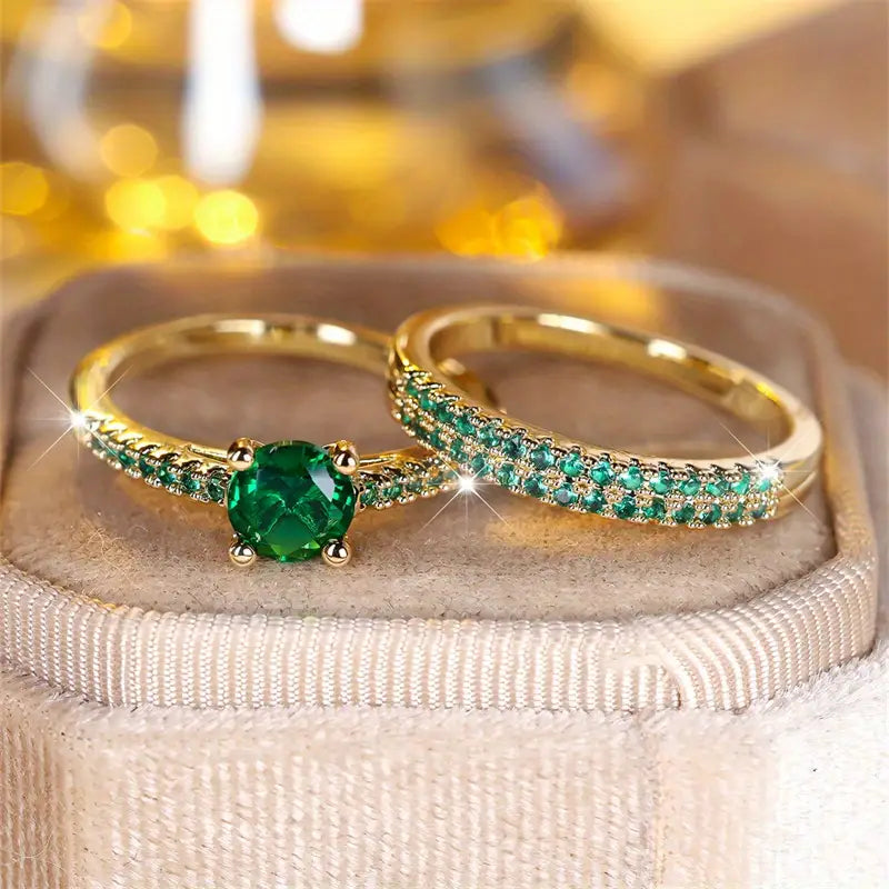 Elegant Gold Duo Ring Set with Emerald Accents – Versatile Jewelry for Casual and Formal Occasions 1