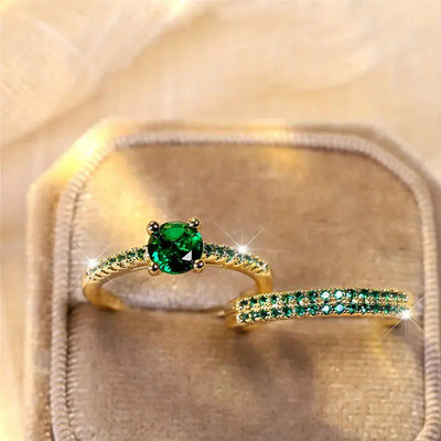 Elegant Gold Duo Ring Set with Emerald Accents – Versatile Jewelry for Casual and Formal Occasions 2
