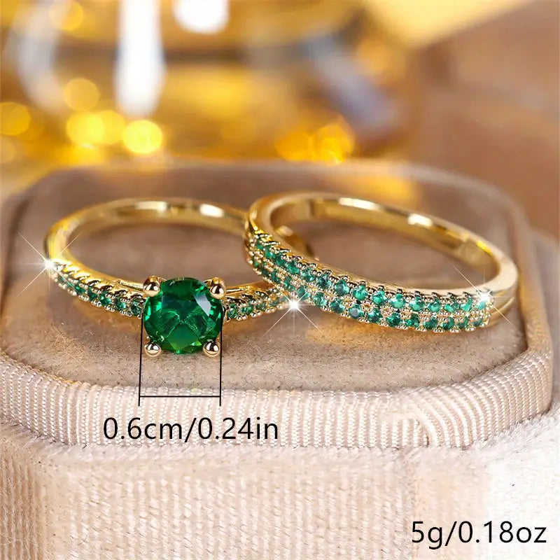 Elegant Gold Duo Ring Set with Emerald Accents – Versatile Jewelry for Casual and Formal Occasions 3