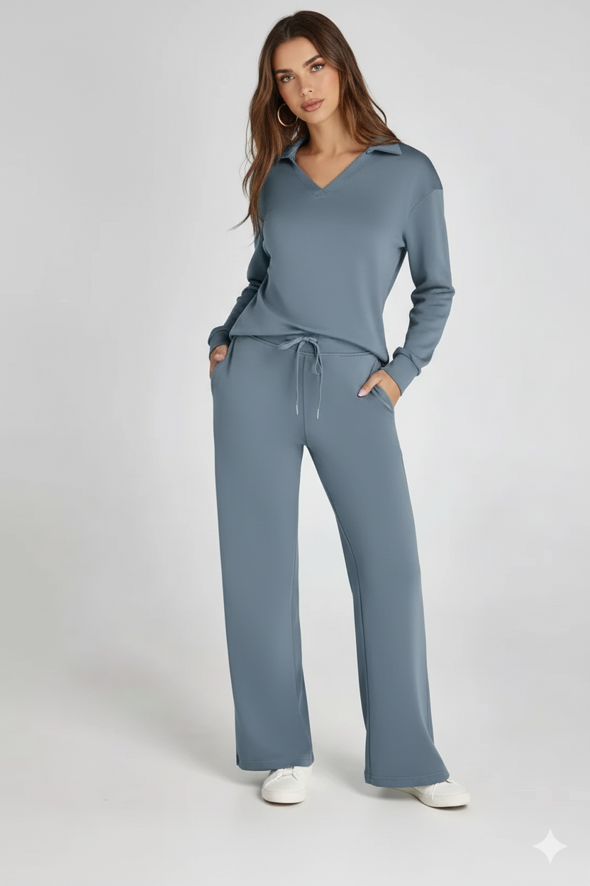 Fiona | Women's Loungewear Set V-Neck Collared Top and Drawstring Pants 3