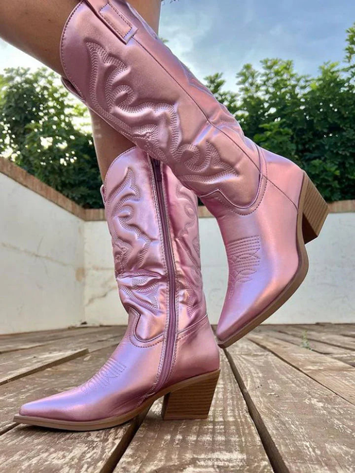 Glossy Pink Cowboy Boots for Women with Embroidery and Side Zipper, Western Style 1