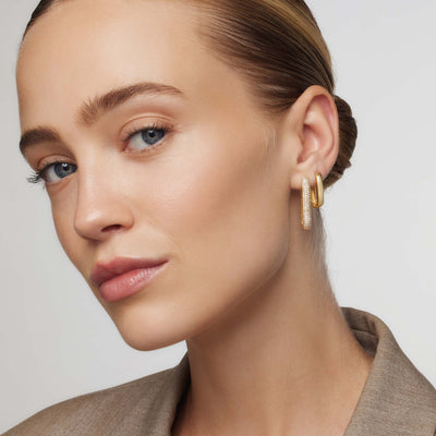 Large Gold Plated Icon Pavé Hoop Earrings with Zirconia Stones 3