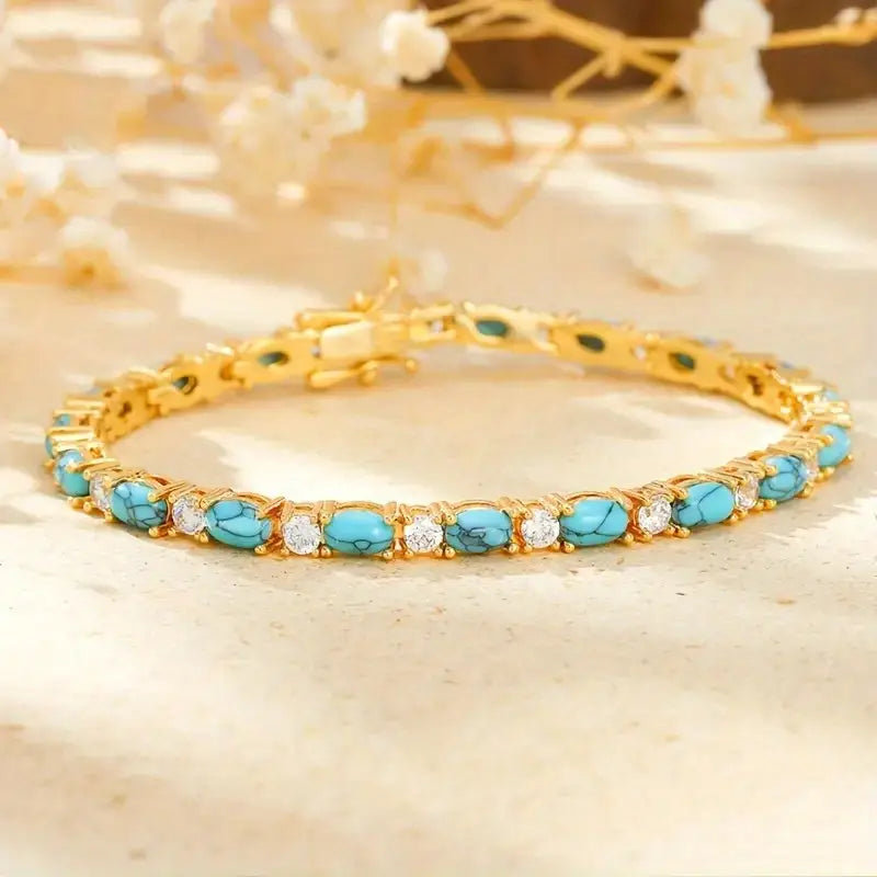 Natural Turquoise Stone Bracelet with Gold Accents – Adjustable Elegant Jewelry for Casual and Formal Wear 0
