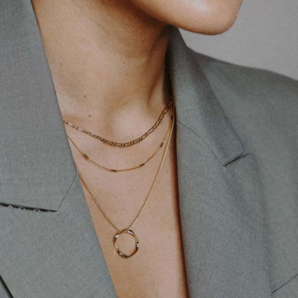 Open Circle Three Row Gold Necklace - Elegant Layered Design with Adjustable Length 7