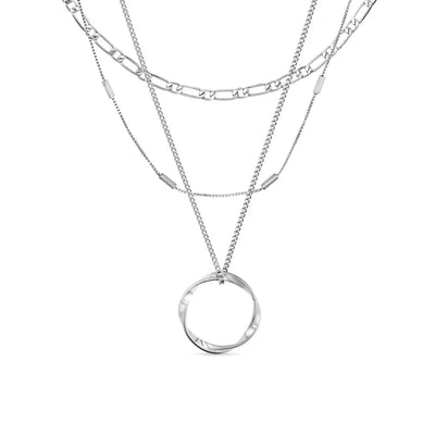 Open Circle Three Row Gold Necklace in White Gold – Elegant Layered Design for Versatile Style 0