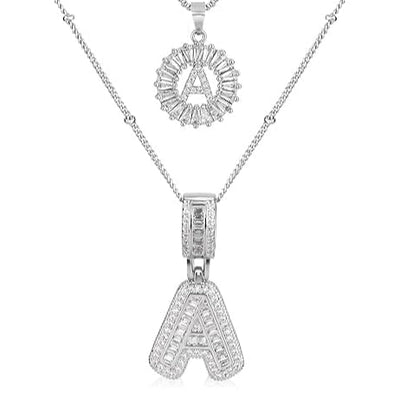 Pave Initial Necklace Set in White Gold – Personalized Letter Jewelry with Adjustable Chain and Elegant Pave Setting 0