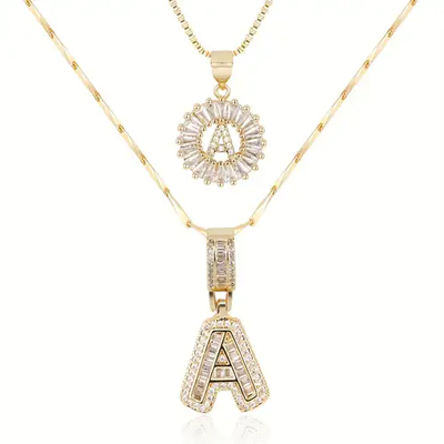 Pave Initial Necklace Set in White Gold – Personalized Letter Jewelry with Adjustable Chain and Elegant Pave Setting 1