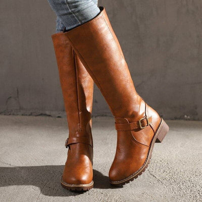 Sophia | Brown Knee High Boots Side Zip Low Block Heel 0