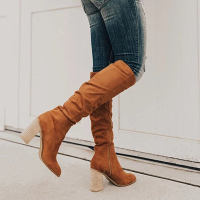 Sophia | Brown Knee High Slouch Boots Suede Block Heel 1