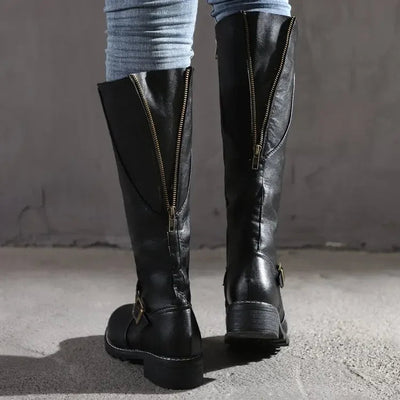 Sophia | Women's Black Knee High Boots With Buckle Details 2