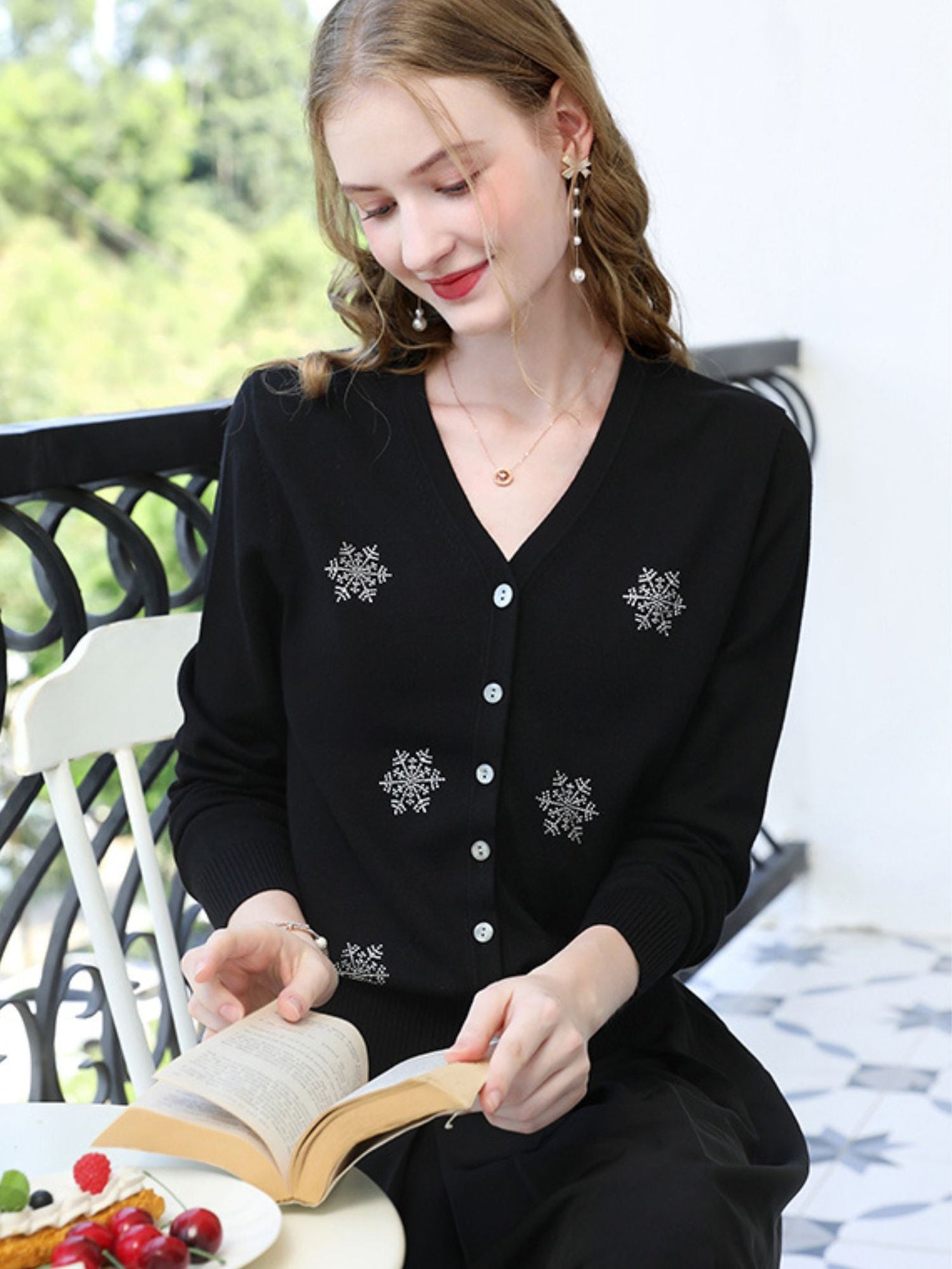 Sophia | Women's Black V-Neck Cardigan with Snowflake Accents 2