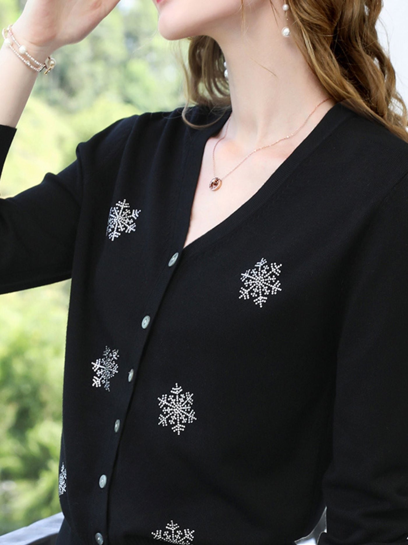 Sophia | Women's Black V-Neck Cardigan with Snowflake Accents 4