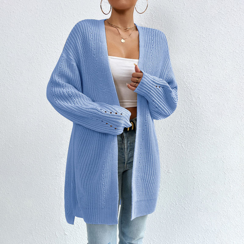 Sophia | Women's Long Open-Front Knit Cardigan in Soft Blue 1