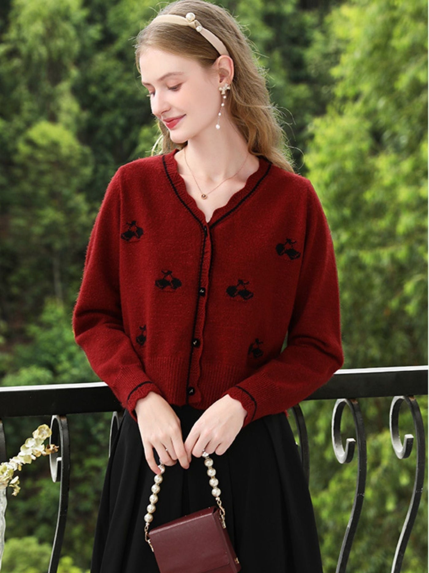 Sophia | Women's Red Knit Cardigan with Embroidery and V-Neck 0