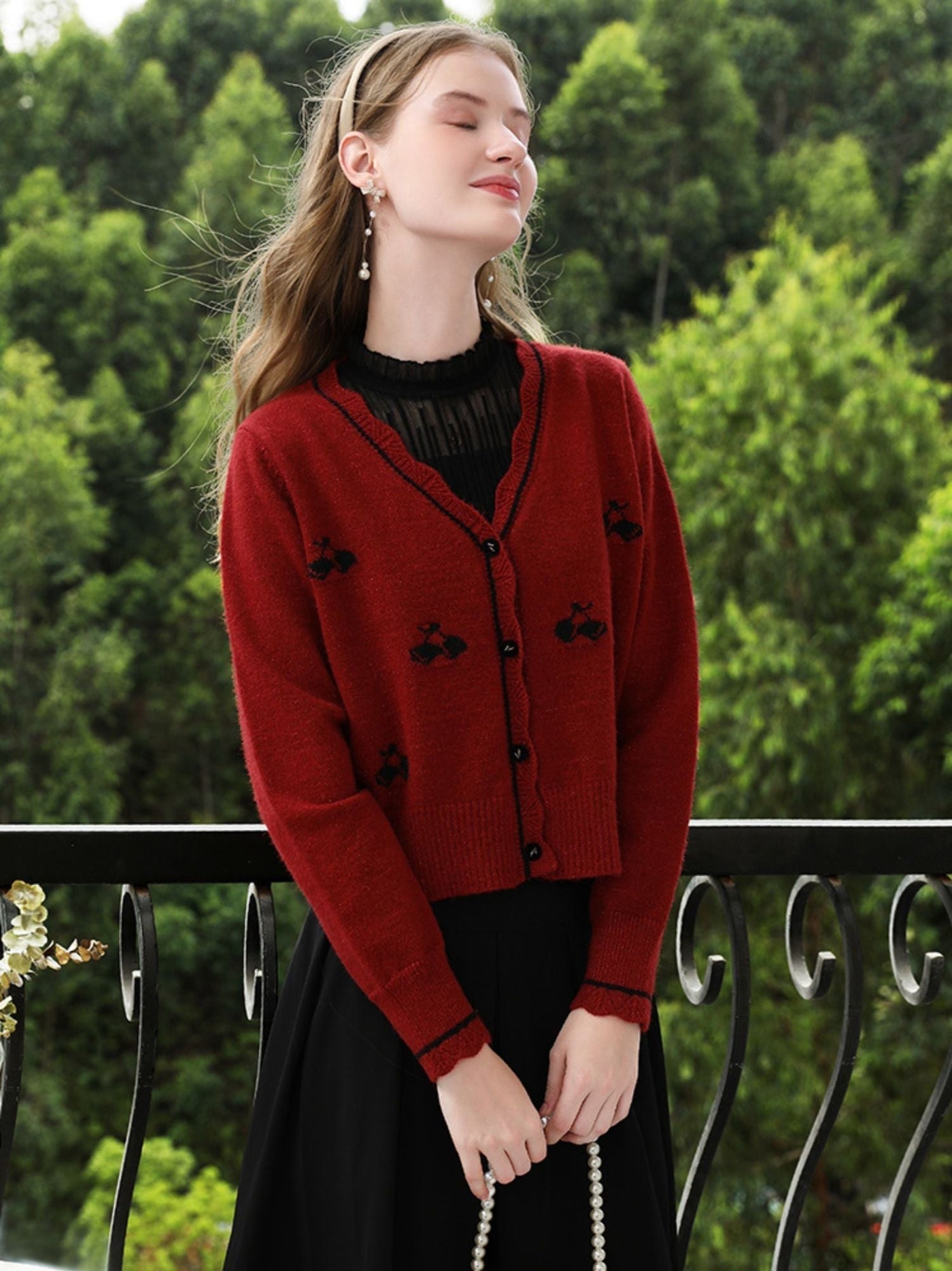 Sophia | Women's Red Knit Cardigan with Embroidery and V-Neck 2