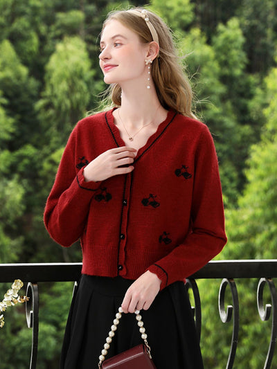 Sophia | Women's Red Knit Cardigan with Embroidery and V-Neck 3