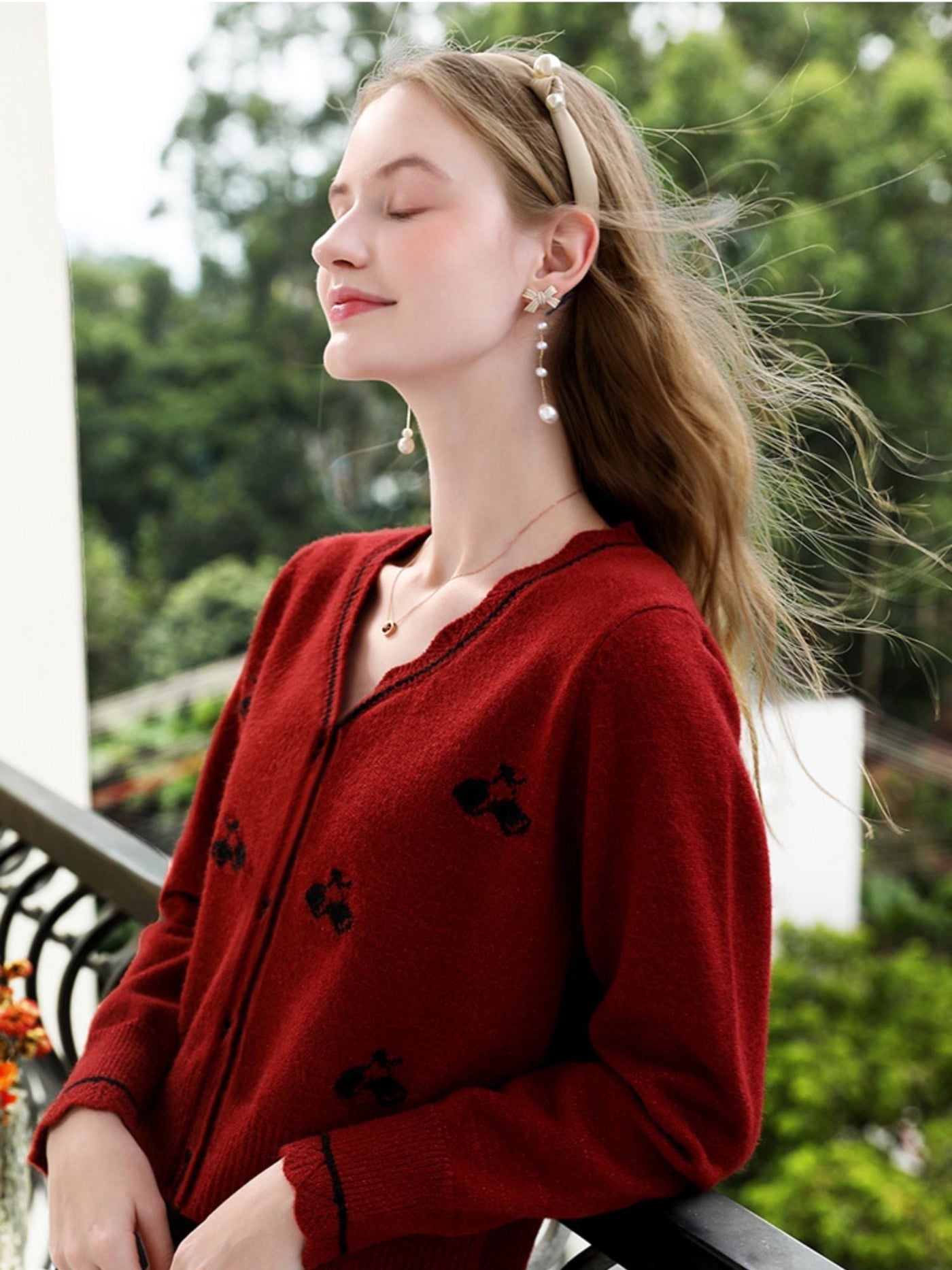 Sophia | Women's Red Knit Cardigan with Embroidery and V-Neck 5