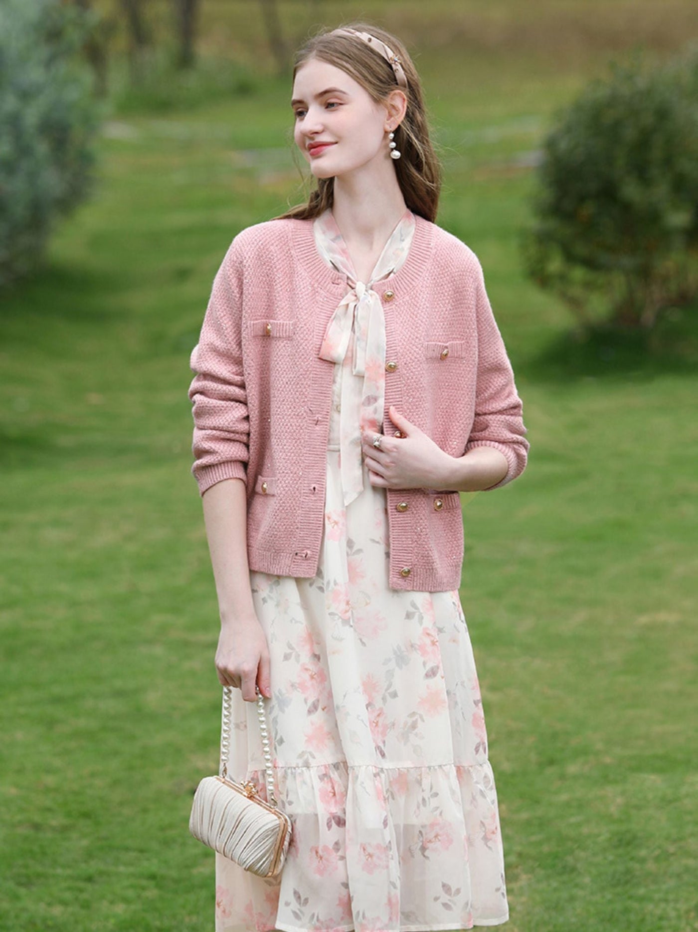 Sophia | Women's Tweed Knit Cardigan with Gold Buttons 0