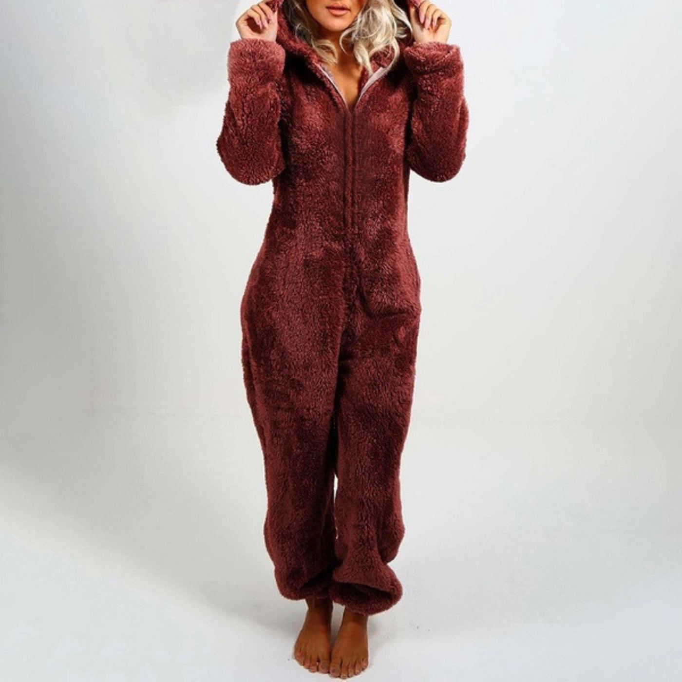 Sophie | Women's Onesie Hooded Front Zipper Pyjama in Red 0