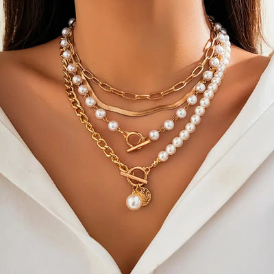 Vintage Gold Pearl Necklace Set with Snake Chain Accents – Elegant Jewelry for Special Occasions and Everyday Wear 0