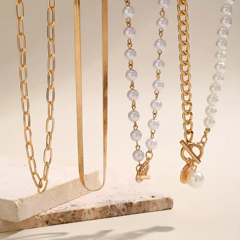 Vintage Gold Pearl Necklace Set with Snake Chain Accents – Elegant Jewelry for Special Occasions and Everyday Wear 2
