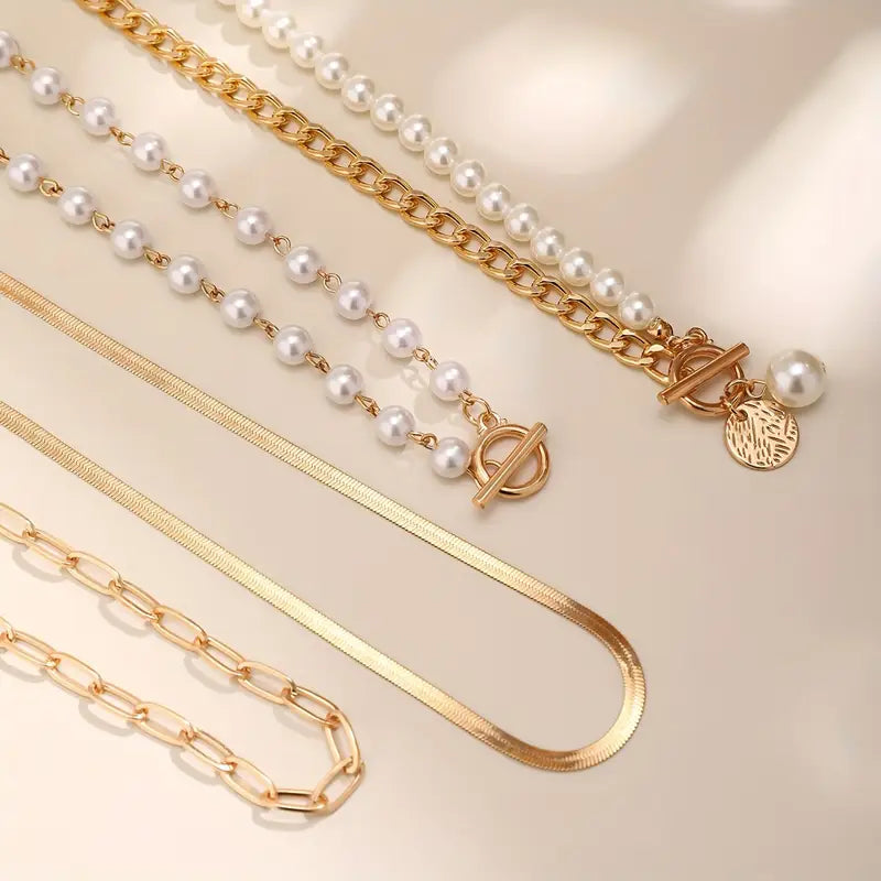 Vintage Gold Pearl Necklace Set with Snake Chain Accents – Elegant Jewelry for Special Occasions and Everyday Wear 3