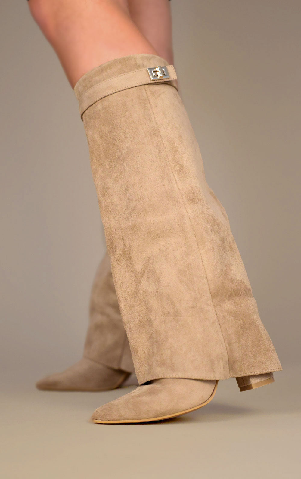 Women’s Suede Knee High Boots with Gold Buckle and Side Zipper, Comfortable Block Heel 0