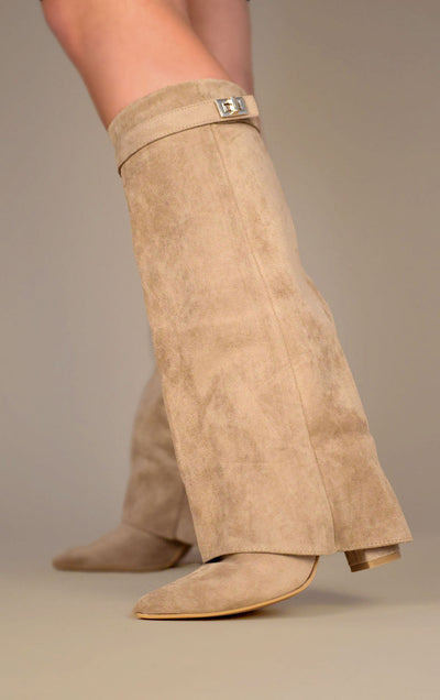 Women’s Suede Knee High Boots with Gold Buckle and Side Zipper, Comfortable Block Heel 0