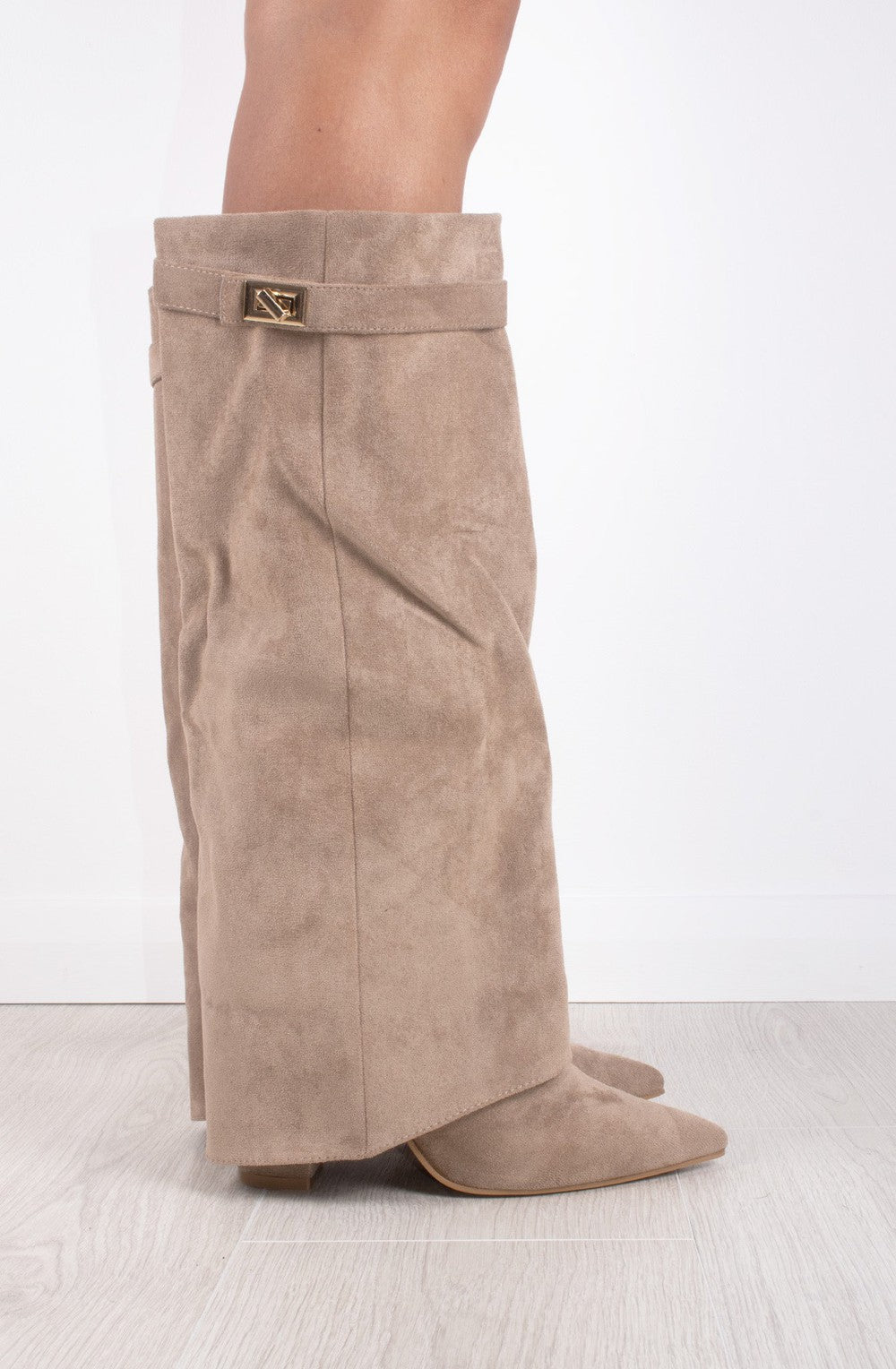 Women’s Suede Knee High Boots with Gold Buckle and Side Zipper, Comfortable Block Heel 4