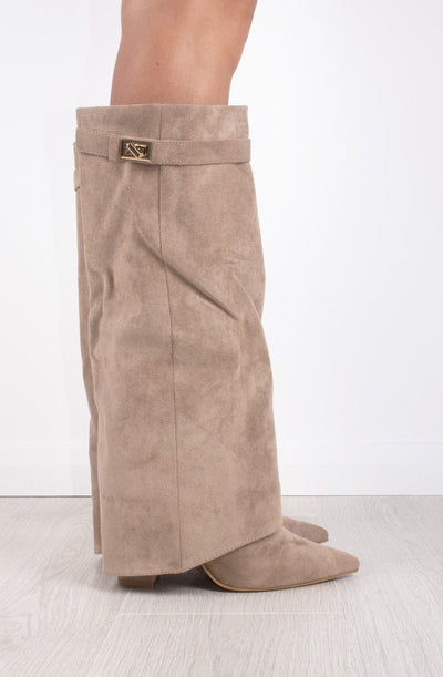 Women’s Suede Knee High Boots with Gold Buckle and Side Zipper, Comfortable Block Heel 4