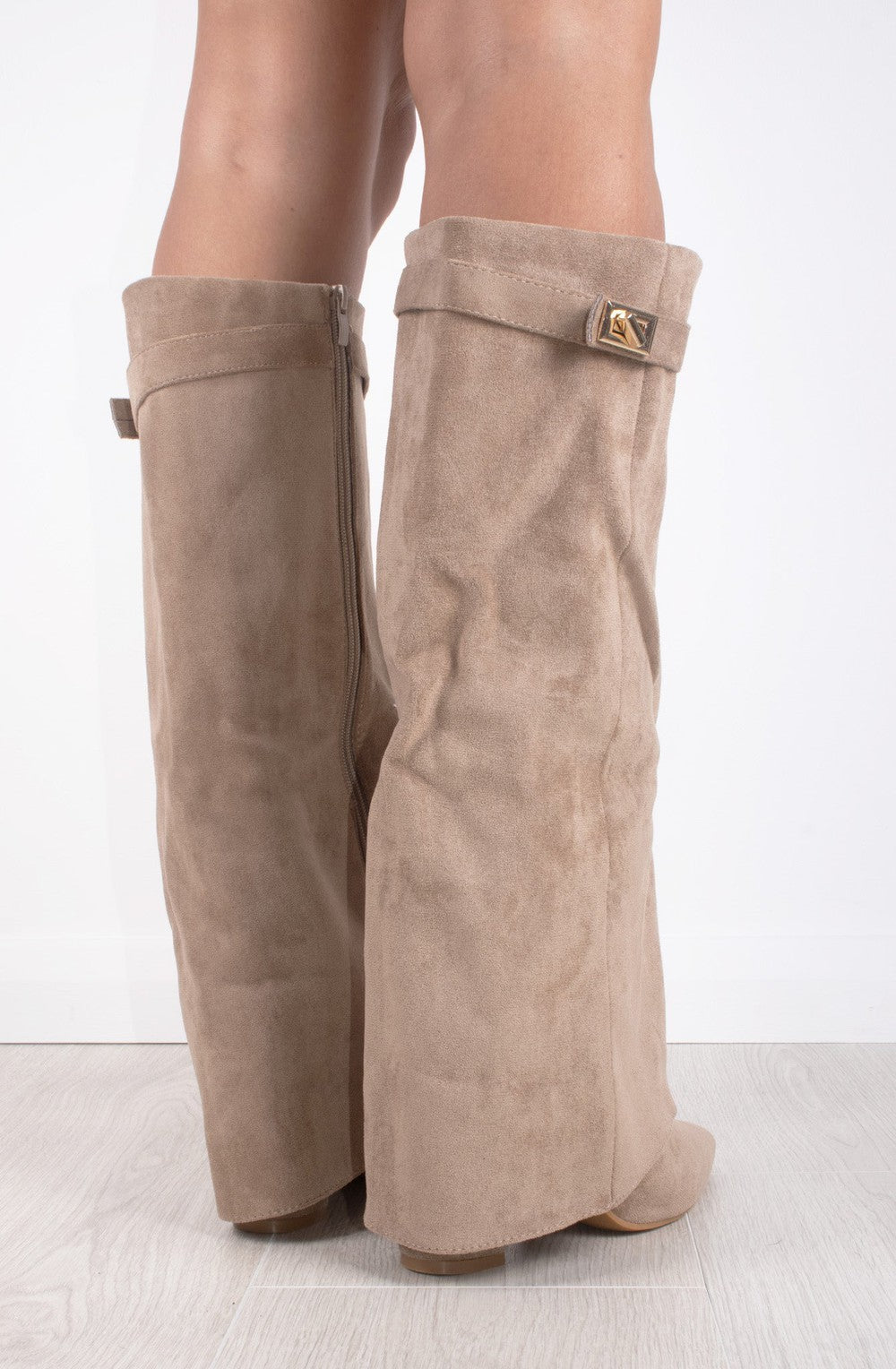 Women’s Suede Knee High Boots with Gold Buckle and Side Zipper, Comfortable Block Heel 6