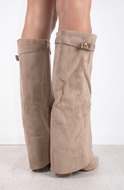Women’s Suede Knee High Boots with Gold Buckle and Side Zipper, Comfortable Block Heel 6